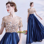 Short Sleeves Color Rhinestone Blue Satin Scoop A Line Prom Dress