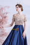 Buy 2021 Short Sleeves Color Rhinestone Blue Satin Scoop A Line Prom Dress Under 145