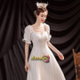 Puffy Sleeve Satin Tea Length A Line Button Square Wedding Dress