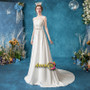 Sheer Neck Appliques Beading A Line Sash Belt Wedding Dress