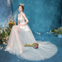 High Low Tulle V Neck Sweep Train Beading A Line Wedding Dress