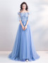 Buy Cheap 2021 Off The Shoulder Short Sleeves Appliques Feather Blue Prom Dress Under 118