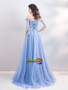 Buy Cheap 2021 Off The Shoulder Short Sleeves Appliques Feather Blue Prom Dress Under 118