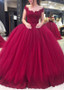 Burgundy Tulle Off-the-shoulder Long Ball Gown Wedding Dress