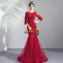 3/4 Sleeves Burgundy Tulle Lace Up Trumpet Mermaid Prom Dress