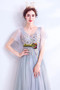 V Neck Tulle Appliques Beading Cap Sleeve A Line Prom Dress