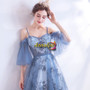 Spaghetti Straps Blue Short Sleeve Appliques Lace Up Tulle Prom Dress