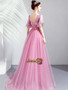 Half Sleeve Pink Beading Scoop A Line Flower Prom Dress