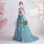 Spaghetti Straps Green Ruffles Buttons A Line Prom Dress