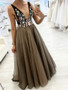 V Neck Brown Coffee Tulle A Line 3D Flower Appliques Prom Dress