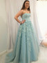 Strapless Mint Appliques Tulle A Line Green Prom Dress
