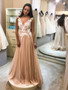 Shop 2021 V Neck Champagne Appliques A Line Backless Prom Dress Under 159