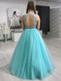 Shop 2021 Turquoise Blue Halter Beading Ball Gown Keyhole Back Tulle Prom Dress Under 188