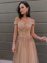 Off The Shoulder Champagne Beading Flower Tulle Prom Dress
