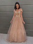Shop 2021  Off The Shoulder Champagne Beading Flower Tulle Prom Dress Under  155