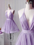 Lavender Halter Tulle Pleats Short Mini Backless Homecoming Dress