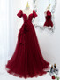 Buy Annakoo 2022 Burgundy Short Sleeves Tulle 3D Flower Tulle Backless Prom Formal Dress Under 138