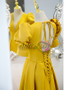 Get 2022 New Arrival Ginger Yellow V Neck Puffy Sleeve Satin Backless Prom Formal Dress From 148