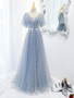 Shop Annakoo 2022 Blue Cap Sleeves Tulle Beading V Neck Bowknot Prom Formal Dress Under 138
