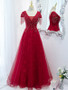 Shop 2022 Annakoo Burgundy Beading Tassel Cap Sleeve Tulle V Neck Prom Dress Under 158
