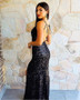 Sexy 2022 Spaghetti Straps Dark Navy Sequin Sheath Column Backless Formal Dress Under 248