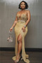 Buy Annakoo 2022 Sexy Jewel Neck See Through Beading Sheath Column Gold Sequin Prom Dress With Slit Under 289