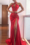 Shop 2022 Annakoo Halter Red Ruched Beading Sheaht Column Satin Prom Dress With Slit Under 188