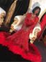 Shop ANNAKOO Red V Neck Long Sleeves Feather Sequin Trumpet Mermaid Prom Formal Dress Under 319