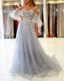 Shop 2022 ANNAKOO Spaghetti Straps Blue Puffy Sleeves Tulle Appliques Prom Formal Dress Under 224