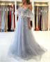 Shop 2022 ANNAKOO Spaghetti Straps Blue Puffy Sleeves Tulle Appliques Prom Formal Dress Under 224