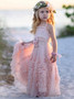 Ruffles Flowers Halter Long Pink Tulle Flower Girl Dress 