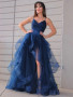 Shop 2022 Navy Blue High Low Tulle Ruffles A Line Prom Dress Under 152