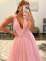 Shop Annakoo 2022 Pink Feather Long V Neck A Line Tulle Prom Dress Under 179