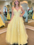 Shop 2022 ANNAKOO Yellow V Neck Appliques Tulle A Line Prom Dress Under 189