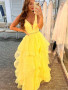 Shop 2022 Annakoo Yellow V Neck Beading Ruffles A Line Prom Dress Under 178