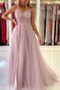 Shop 2022 Spaghetti Straps Pink Beading Tulle Long Formal Prom Dress Under 149