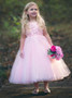 Appliques Beading Scoop Pink Tulle Flower Girl Dress