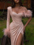 Shop 2022 Champagne One Shoulder Long Sleeve Feather Prom Dress Under 264
