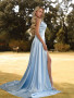 Shop 2022 ANNAKOO Blue Sheath Column Spaghetti Strap Satin Prom Dress With Slit Under 149