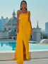 Shop 2023 ANNAKOO Yellow One Shoulder Satin Prom Dress With Slit Under 79