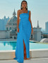  Blue One Shoulder Ruched Satin Prom Dress