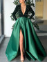 Shop 2023 ANNAKOO V Neck Long Sleeve Satin Green Prom Dress With Slit Under 158