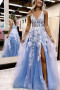 Shop 2023 ANNAKOO Blue V Neck Appliques Flower Tulle Prom Dress With Slit Under 199