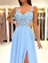 Shop 2023 ANNAKOO Blue Straps See Through Appliques Chiffon Prom Dress With Slit Under 150