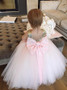 Ball Gown Bateau Sequins Bowknot Pink Tulle Flower Girl Dress 