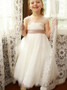 Square White Sash Appliques Lace Tulle Flower Girl Dress