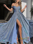 Shop 2023 Annakoo Off Shoulder Blue Sequin Long Prom Dress with High Slit Under 148