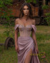 Shop 2023 ANNAKOO Off The Shoulder Sweetheart Satin Sheer Prom Dress With Slit under 168