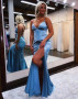 Shop 2023 ANNAKOO Elastic Satin Spaghetti Straps Blue Prom Dress With Split Under 133