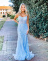 Shop 2023 ANNAKOO Blue Spaghetti Straps Corset Back Long Lace Prom Dress Under 135